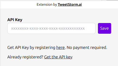 The extension popup with the API key field and Save button