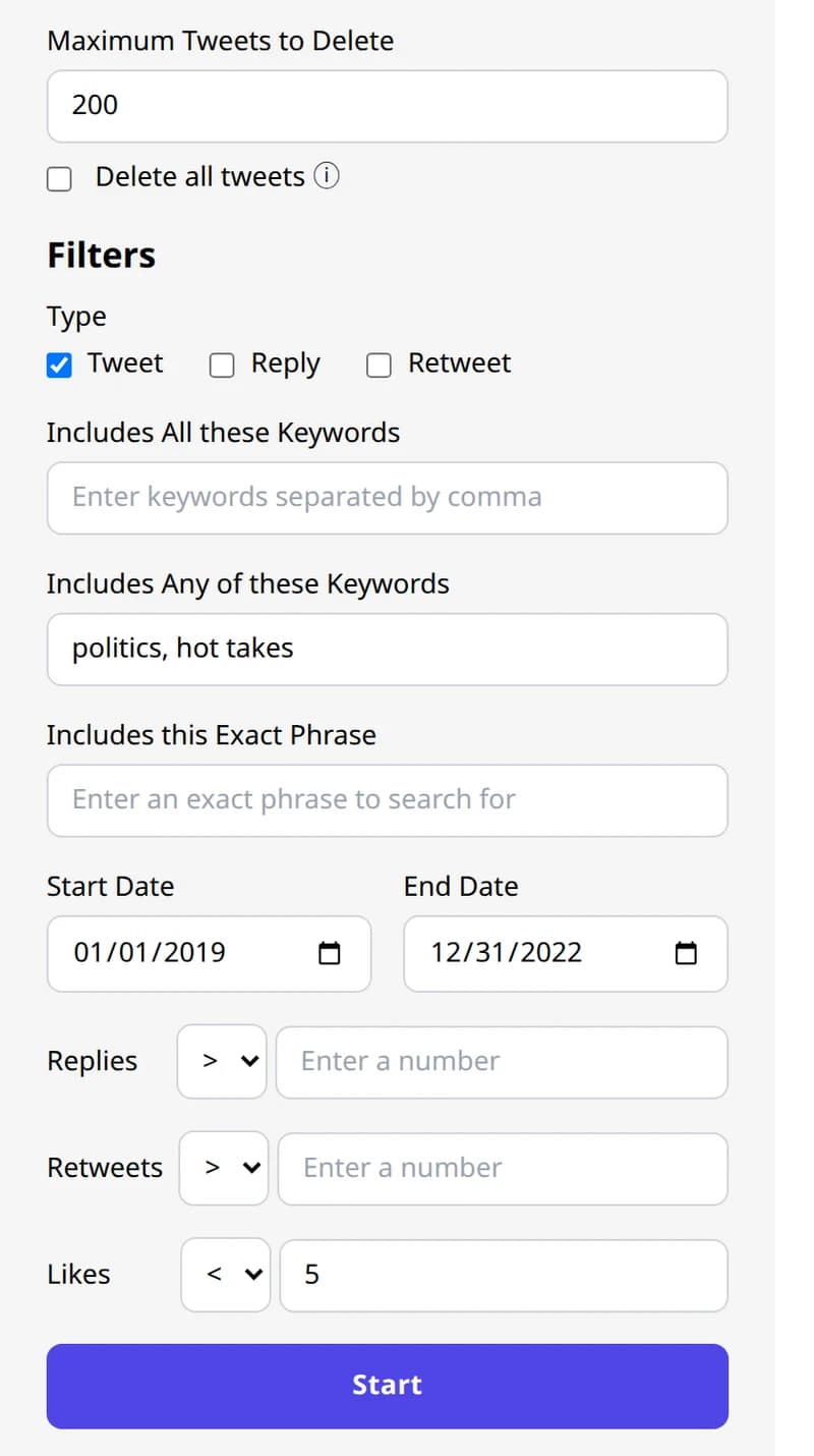 Deletion filter panel with type, keyword, date, and engagement controls in the extension popup.