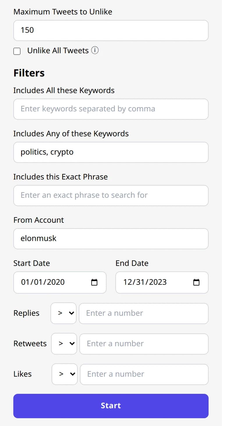 Unlike filter panel with keyword, account, date and engagement controls in the extension popup.