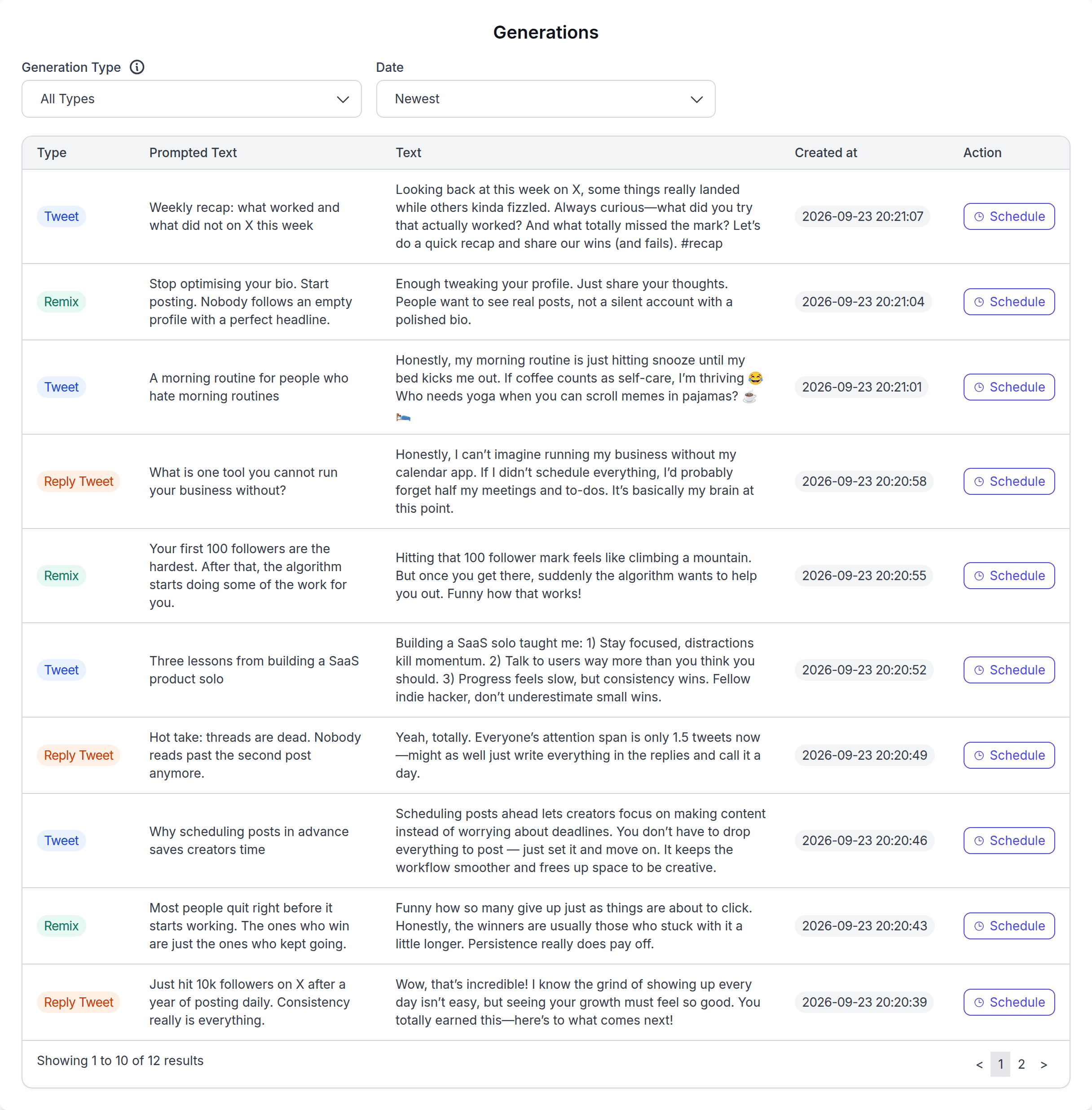 The generations history table showing past posts, replies and remixes with their prompts