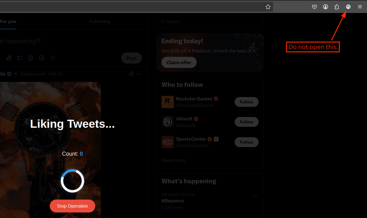 A bulk run in progress on X with the extension icon marked do not open this in the same tab.