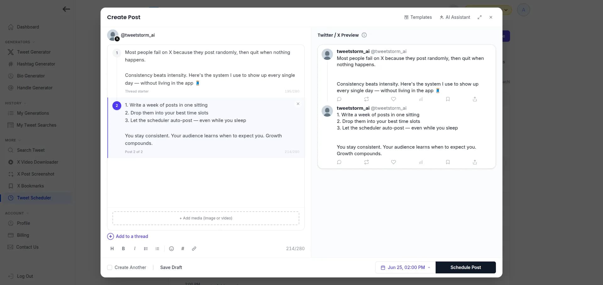TweetStorm composer showing a tweet thread with media and scheduling options.