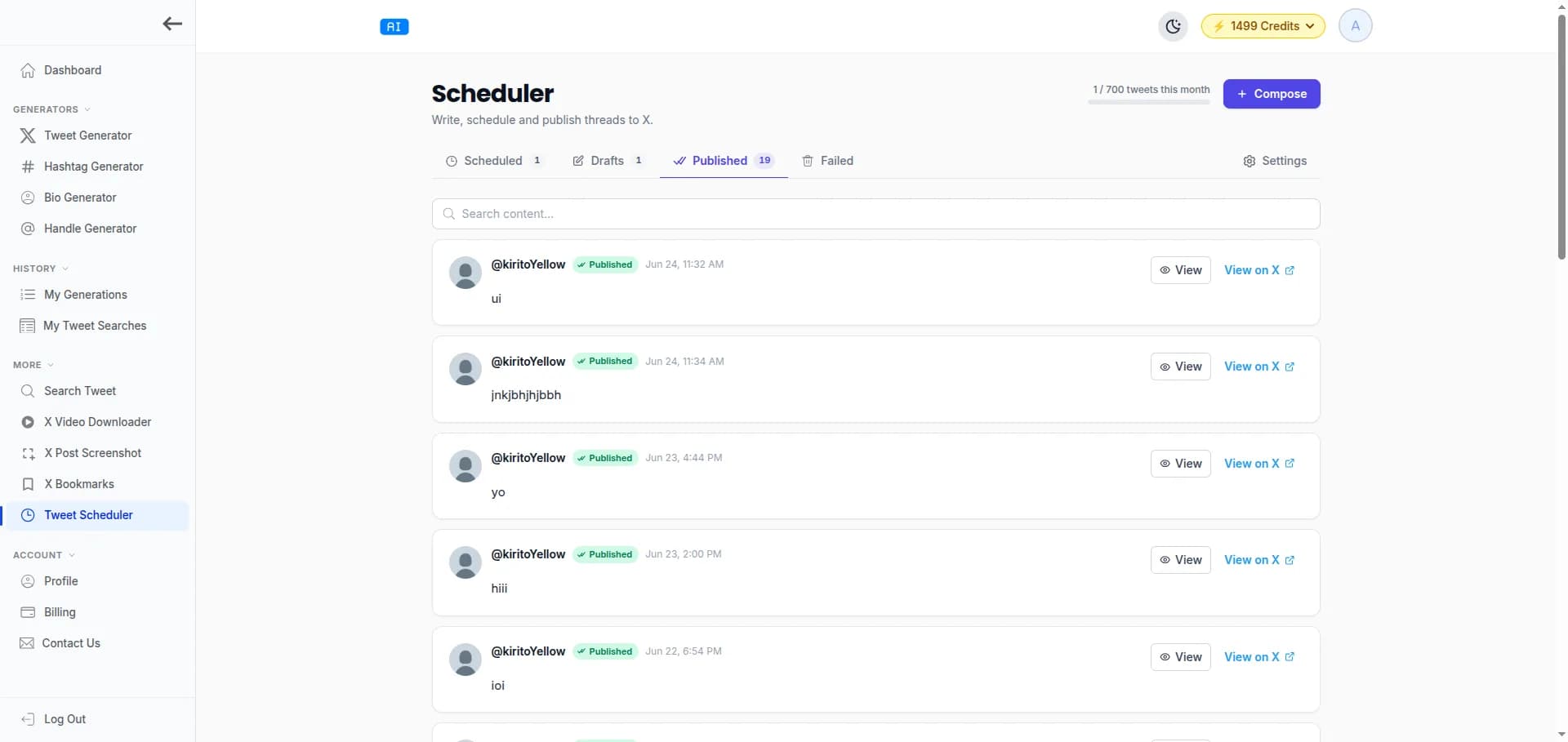TweetStorm scheduler showing the queue and published tweets with status for each post.