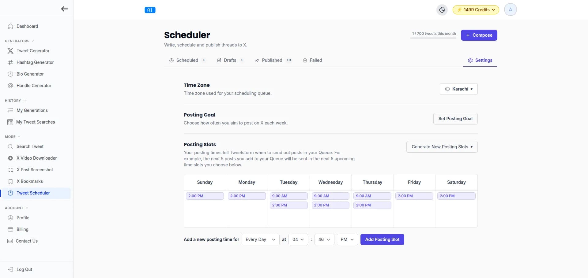 Scheduler settings showing posting slots grid, time zone selector and weekly posting goal.