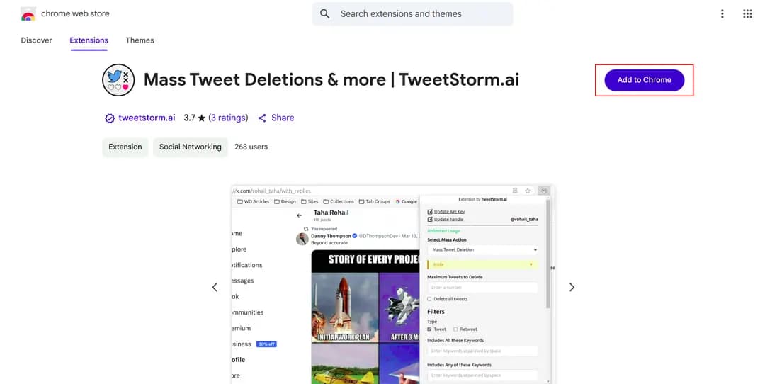TweetStorm.ai Chrome extension page showing mass tweet deletion tool and “Add to Chrome” button.