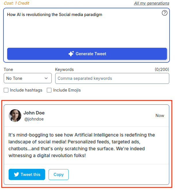 A section in the AI tweet generator page displaying the generated tweet and two buttons