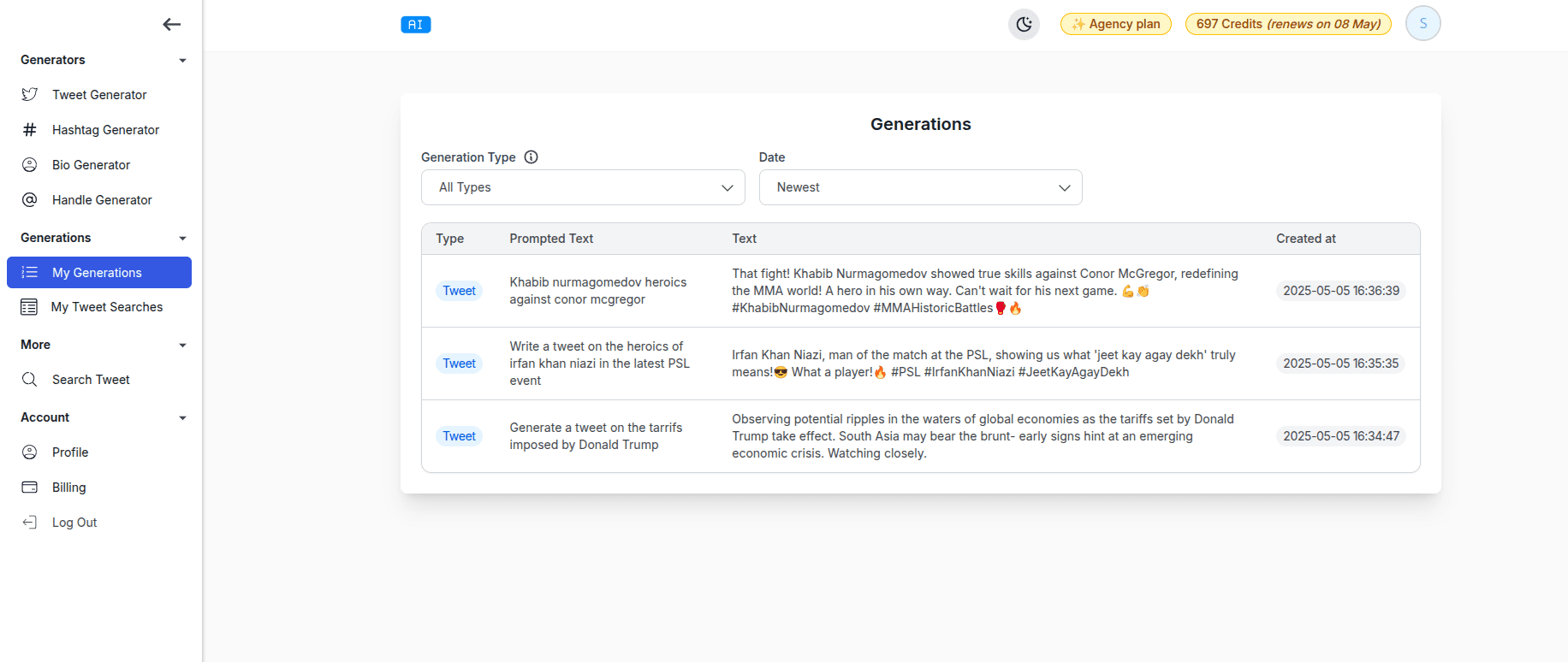 A table showing all the AI generated tweets