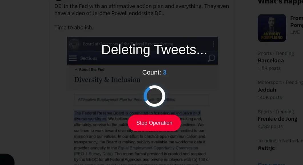 TweetStorm deleting tweets live with loading spinner, tweet count and red stop operation button.