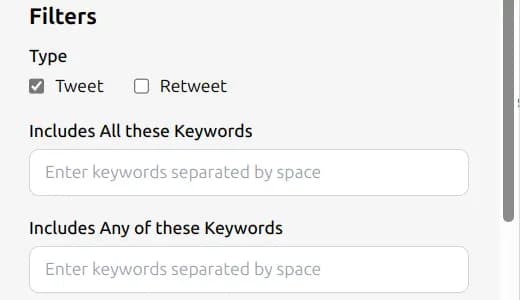 TweetStorm filter settings showing tweet type and keyword fields for precise mass deletion.