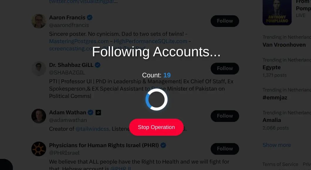 TweetStorm following live with loading spinner, following count and red stop operation button.