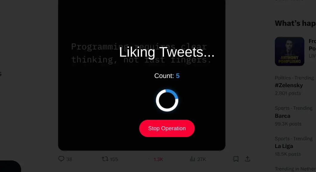 TweetStorm liking tweets live with loading spinner, like count and red stop operation button.