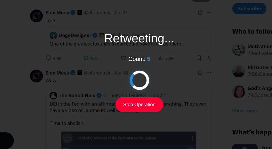 TweetStorm retweeting live with loading spinner, following count and red stop operation button.