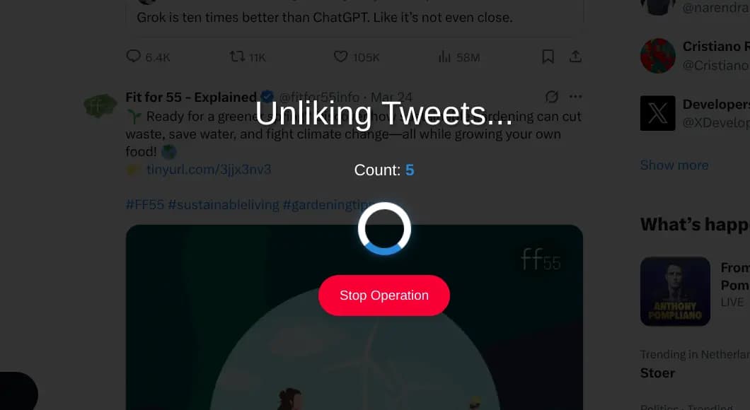TweetStorm unliking tweets live with loading spinner, tweet count and red stop operation button.