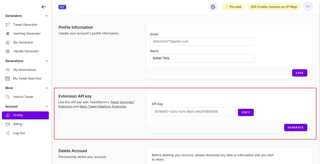 Highlighted profile page in sidebar