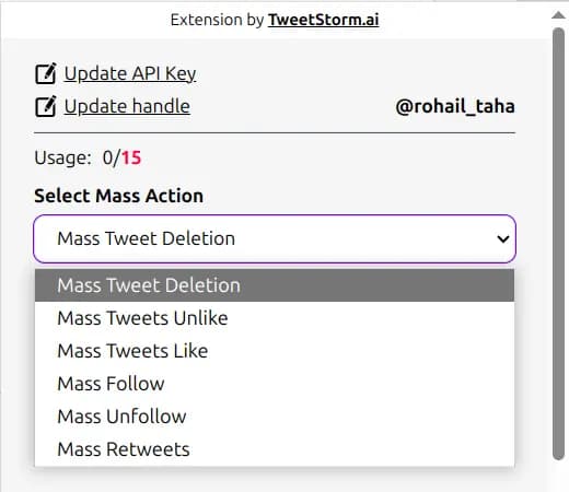 TweetStorm.ai extension dropdown showing mass actions: delete, unlike, follow, unfollow, retweet.