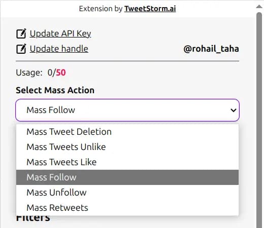 TweetStorm.ai extension dropdown showing mass actions: delete, unlike, follow, unfollow, retweet.