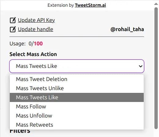 TweetStorm.ai extension dropdown showing mass actions: delete, unlike, follow, unfollow, retweet.