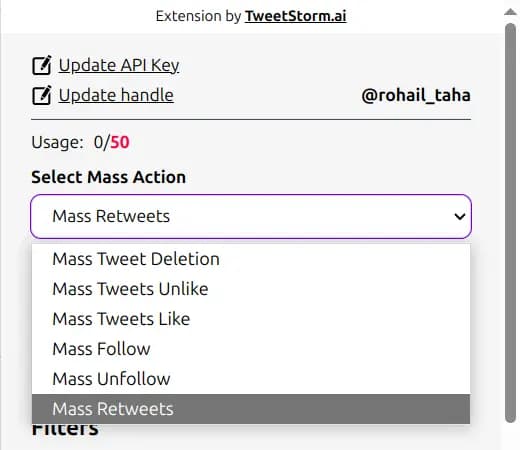 TweetStorm.ai extension dropdown showing mass actions: delete, unlike, follow, unfollow, retweet.