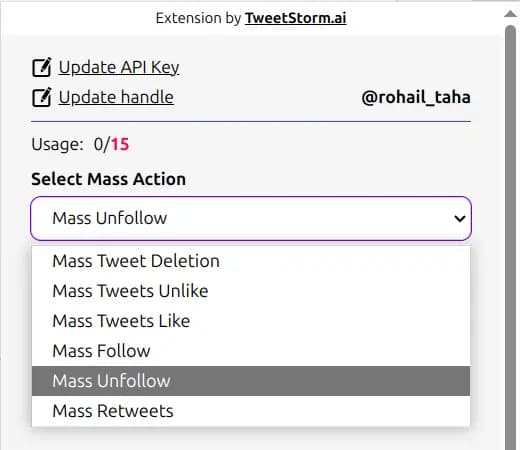 TweetStorm.ai extension dropdown showing mass actions: delete, unlike, follow, unfollow, retweet.