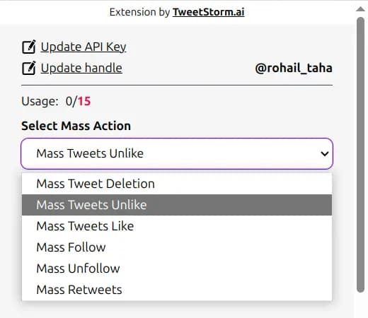 TweetStorm.ai extension dropdown showing mass actions: delete, unlike, follow, unfollow, retweet.