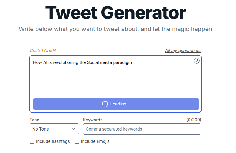 Loading message being displayed while tweet is generated in the AI tweet generator page