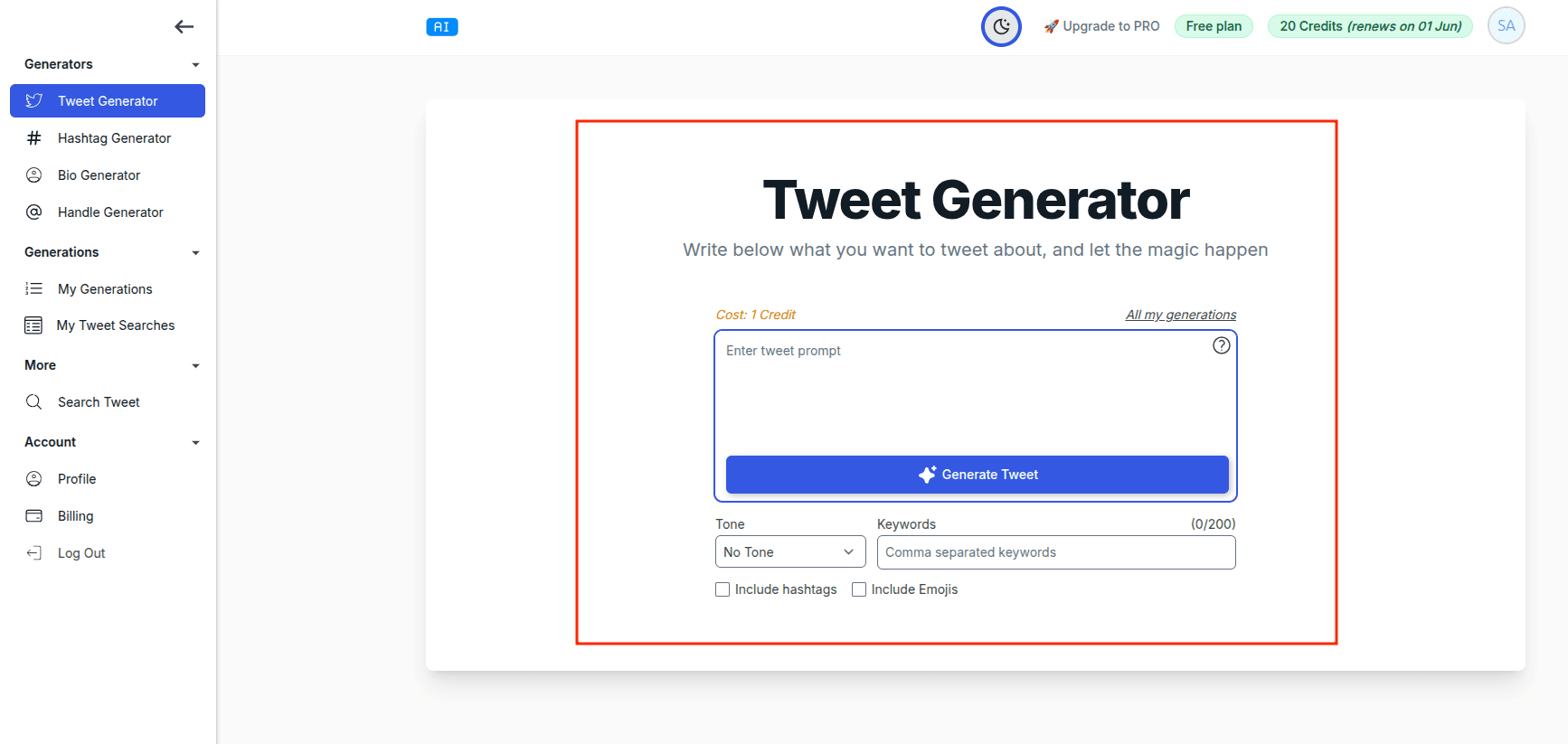 AI Tweet generator page with an input field for entering tweet prompt and a generate button