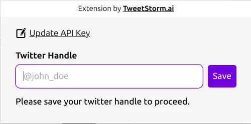 TweetStorm.ai extension showing Twitter handle input field with Save button to proceed.n