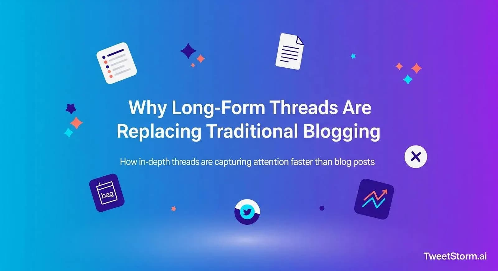 Why long-form threads are replacing traditional blogging is explained. TweetStormAI